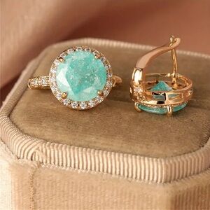 Gold Plated Green Gemstone Drop Earrings Halo Style NWT